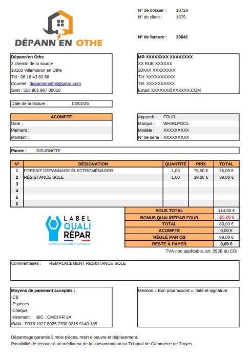 Aperçu facture four avec bonus