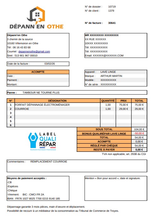 Aperçu facture lave-linge avec bonus