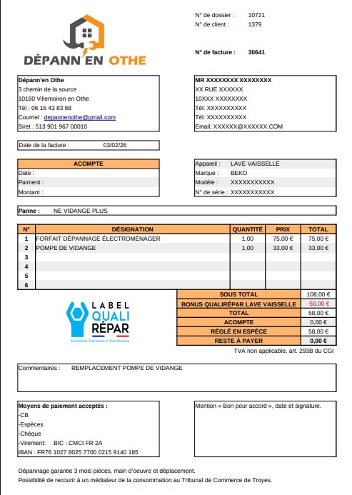 Aperçu facture lave-vaisselle avec bonus