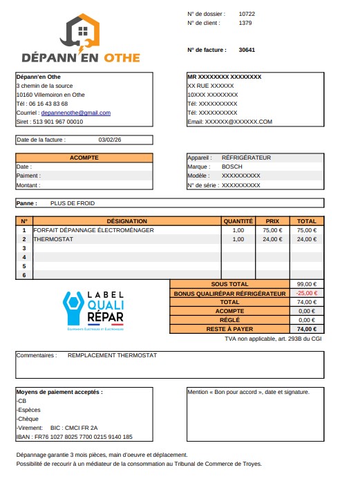 Aperçu facture réfrigérateur avec bonus